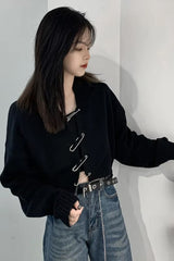 Long Sleeve Big Pin Buckle Cardigan Sweater