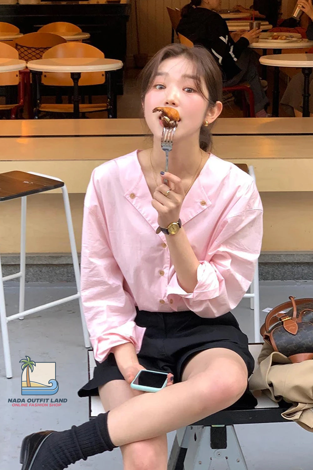 Long Sleeve Cute V-Neck Pink Blouse Shirt