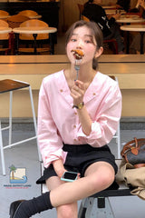 Long Sleeve Cute V-Neck Pink Blouse Shirt