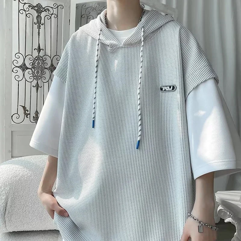 Short Sleeve Two Style Hooded Waffle Shirt