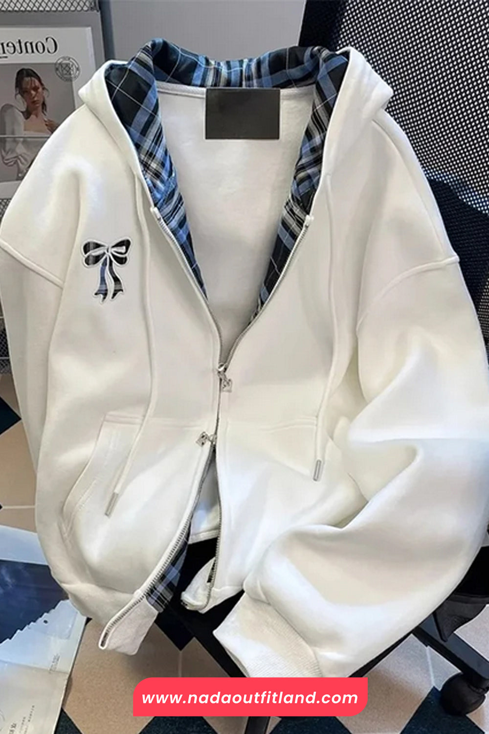 Loose Hooded Plaid Sided Retro Bow Sweatshirt