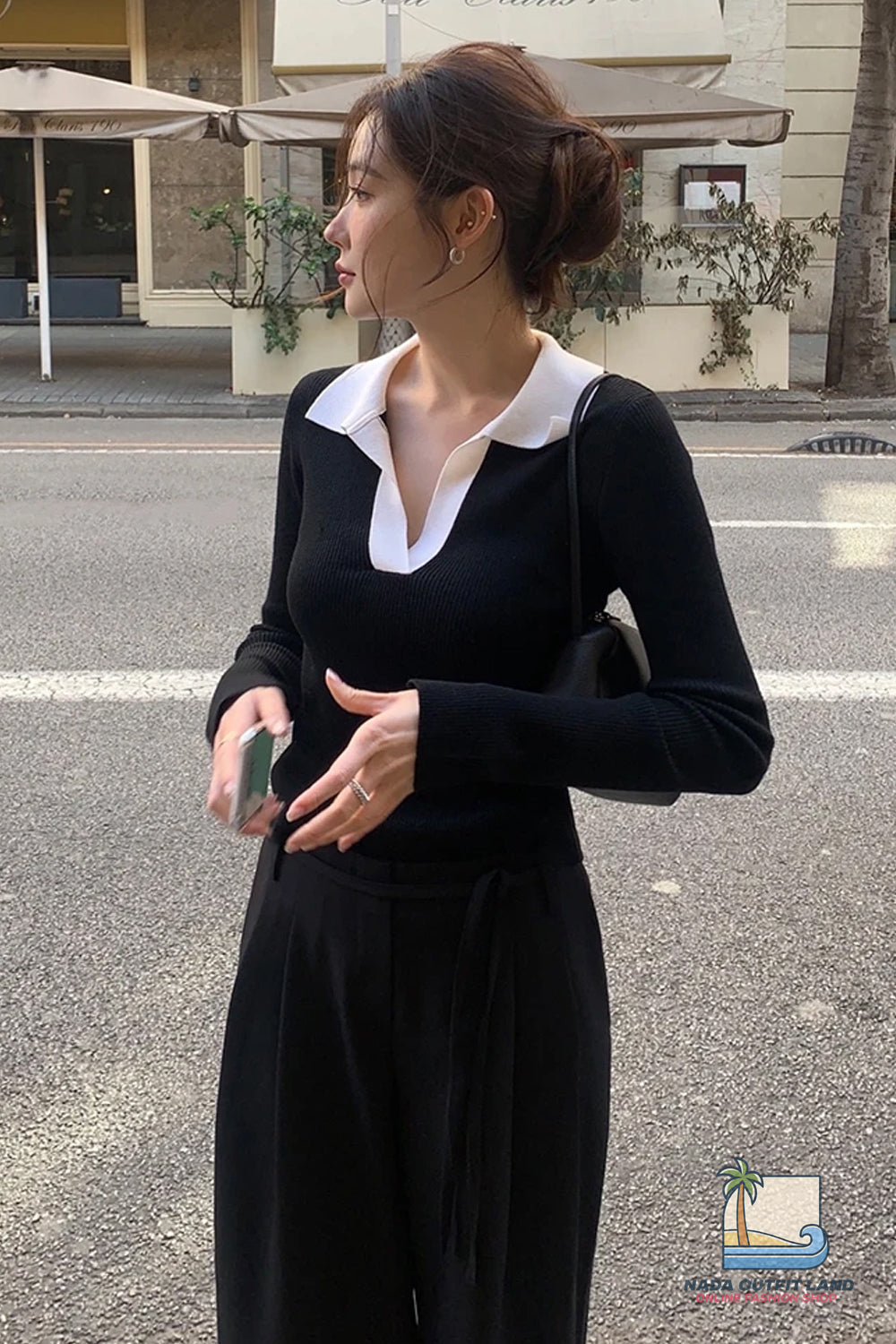 Long Sleeve V-Neck Lapel Collar Elegant Sweater