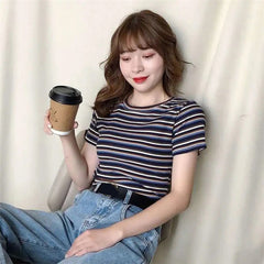 O-Neck Striped Cropped Slim Shirt