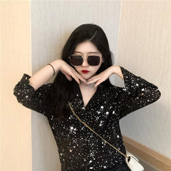 Long Sleeve Stars Sequins Chiffon Blouse Shirt