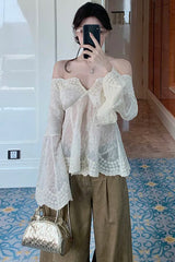 Sexy Flare Sleeve Floral Embroidered Cropped Transparent Shirt