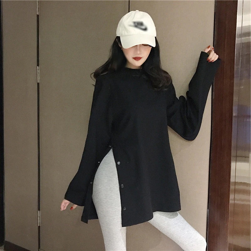 Loose Side Split Button O-Neck Shirt
