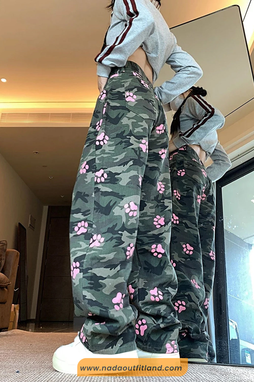 High Waist Paws Printed Camouflage Pattern Denim Pants