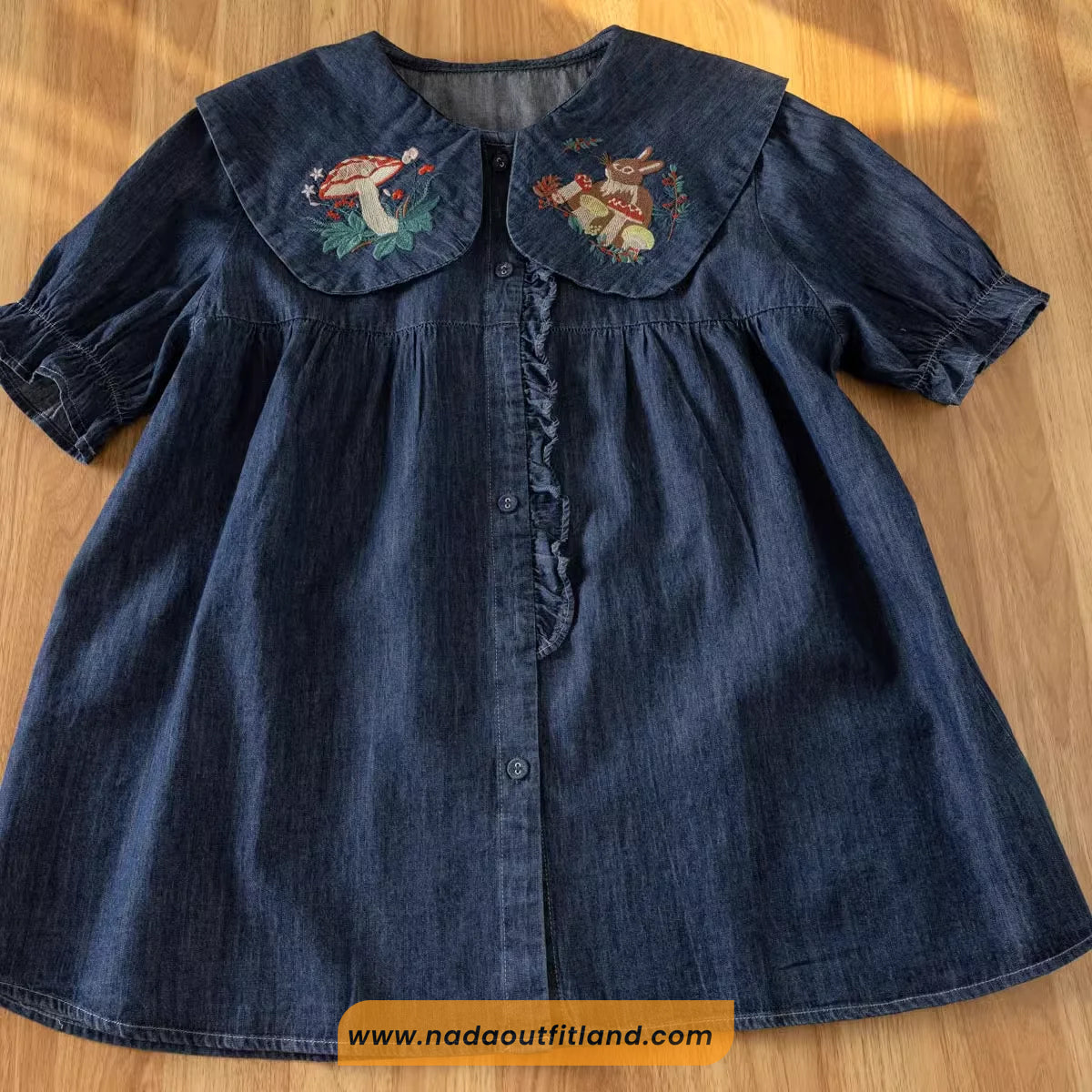 Cartoon Rabbit Embroidered Peter Pan Collar Denim Blouse Shirt