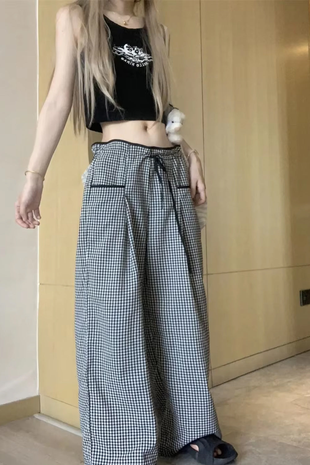 High Waist Loose Sweet Ruffles Plaid Pants