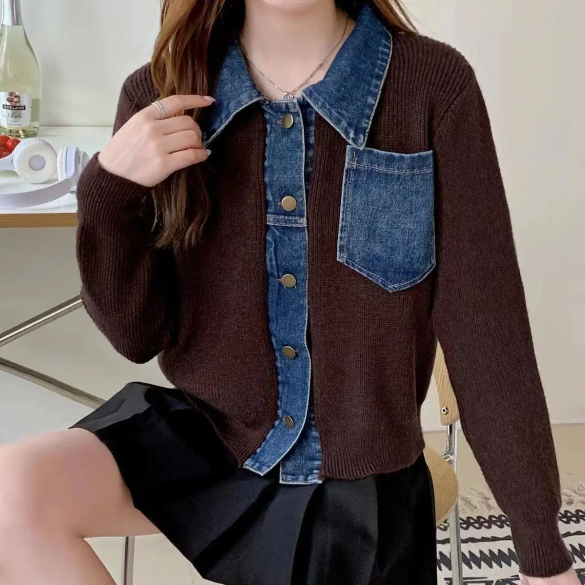 Long Sleeve Denim Spliced Sweatshirt