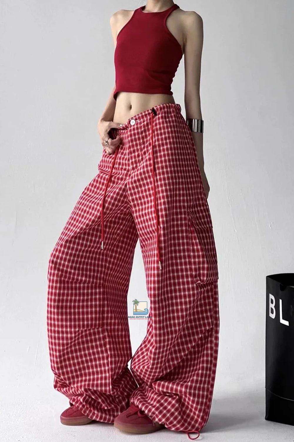 High Waist Retro Red Plaid Summer Loose Pants