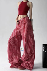 High Waist Retro Red Plaid Summer Loose Pants