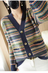 V-Neck Vintage Pattern Cardigan Sweater
