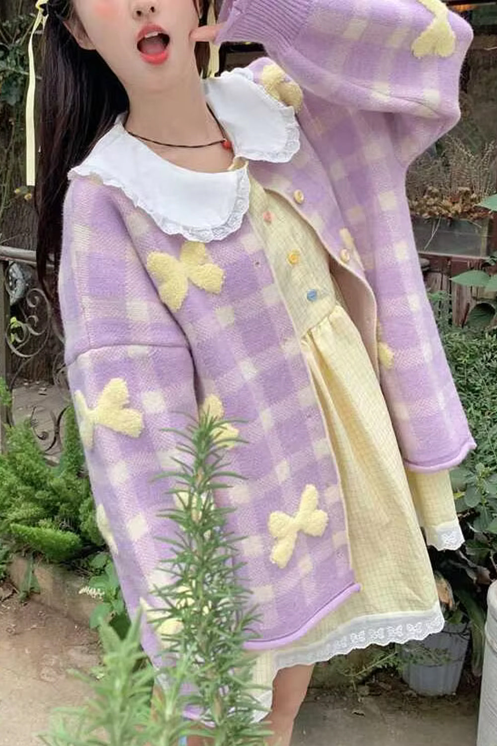 Long Sleeve Bow Plaid Knitted Cardigan Sweater
