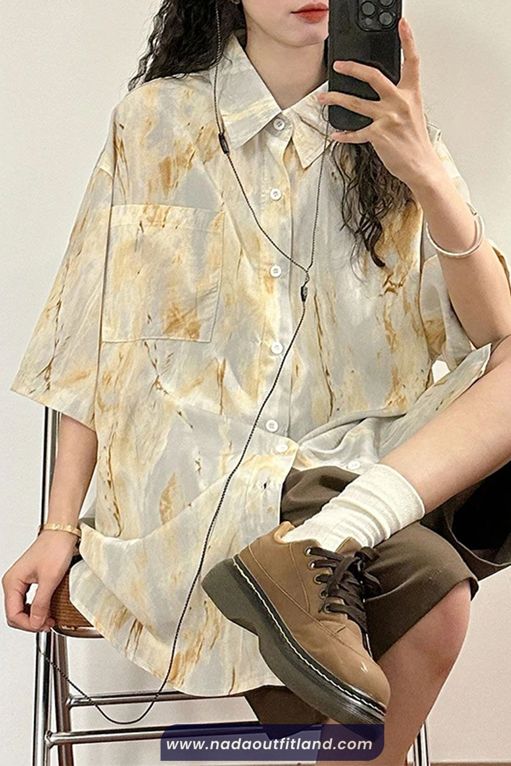 Short Sleeve Tie Dye Printed Blouse Shirt