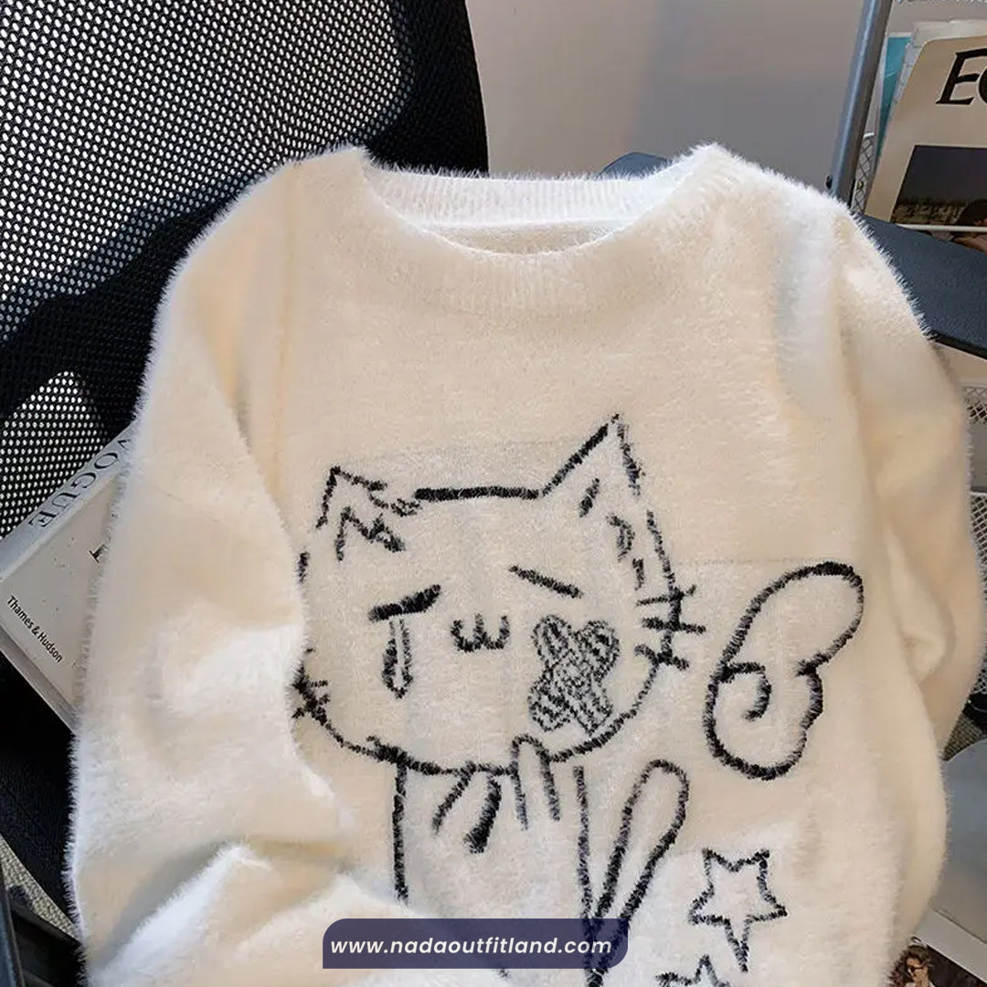 Loose O-Neck Cat Pattern Knitted Cute Sweater