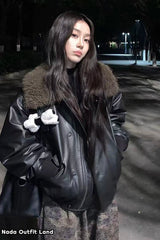 Loose Plush Collar Black Leather Jacket