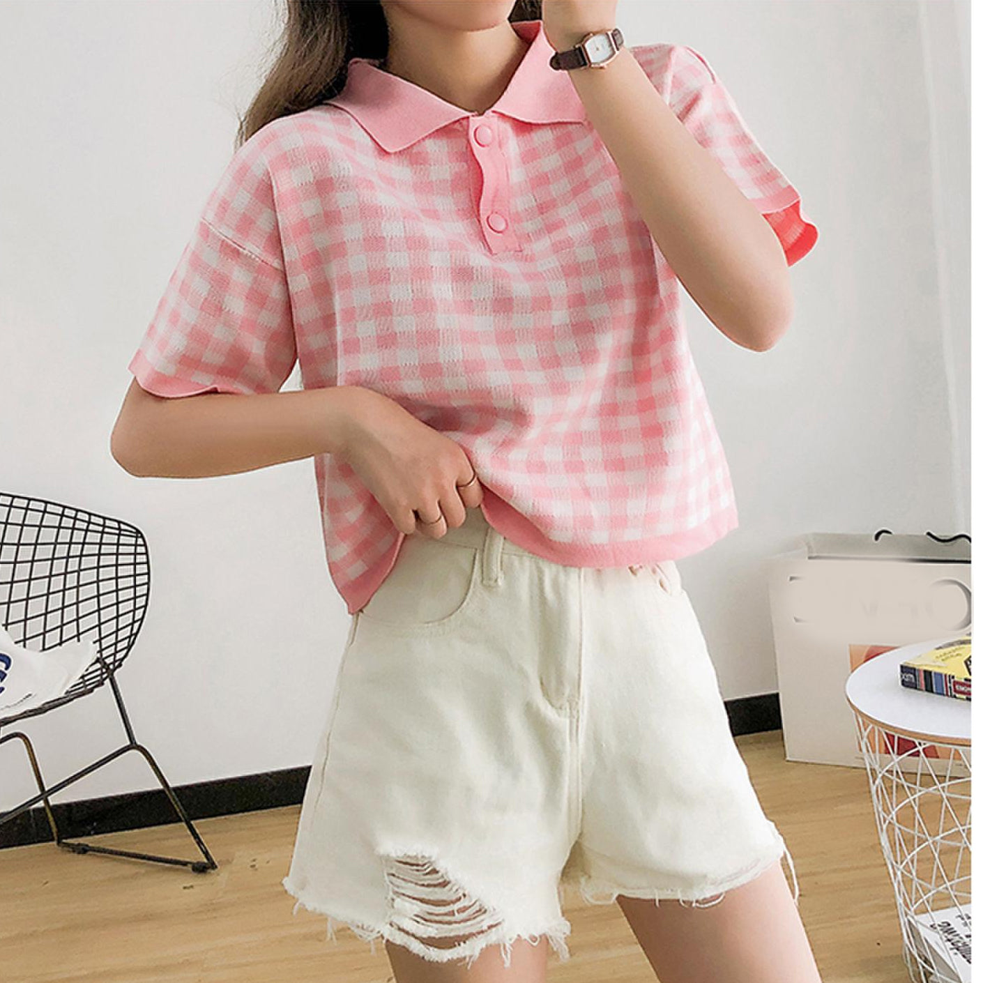 Turn Down Collar Plaid Knitted Shirt