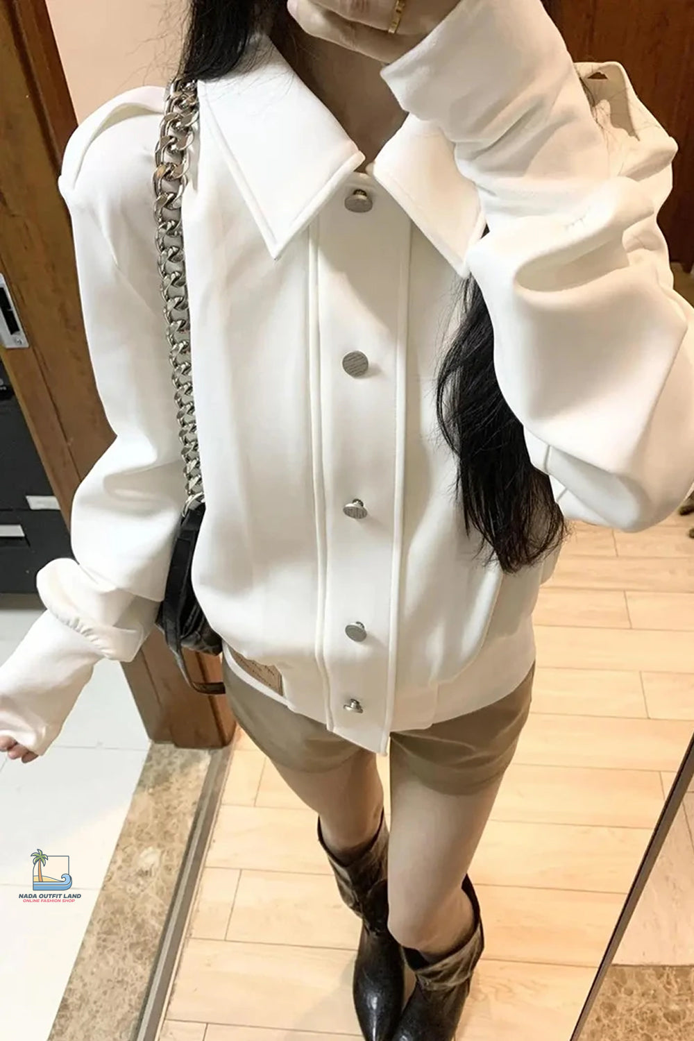 Long Sleeve Vintage Turn Down Collar White Jacket