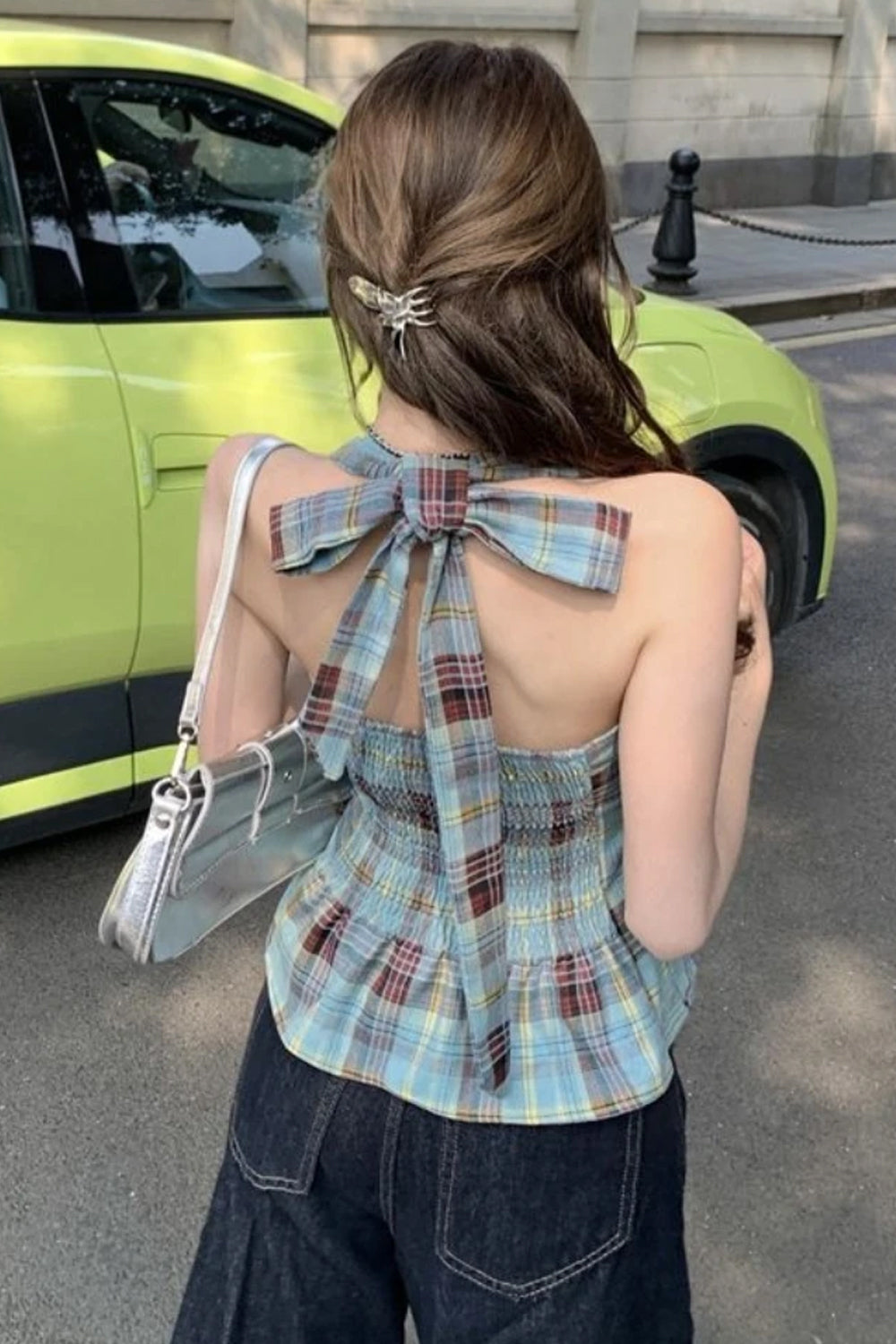 Sexy Retro Plaid Halter Bow Tie Cropped Tops