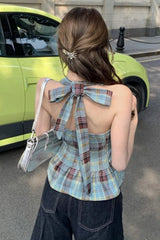 Sexy Retro Plaid Halter Bow Tie Cropped Tops