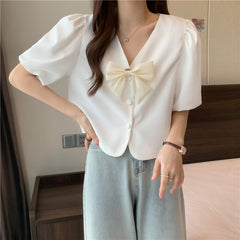 V-Neck Sweet Bow Kawaii Shirt