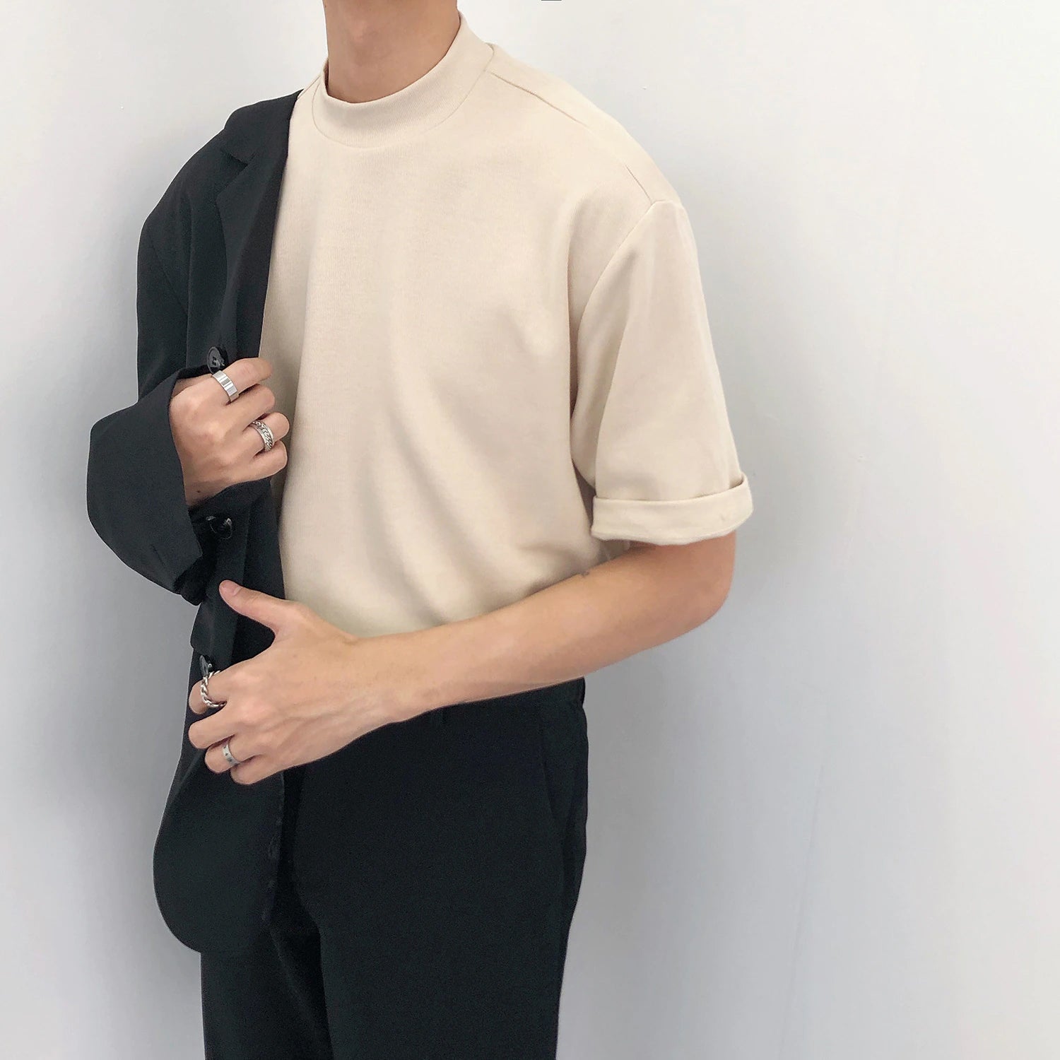 Solid Color High Neck Casual Men Shirt