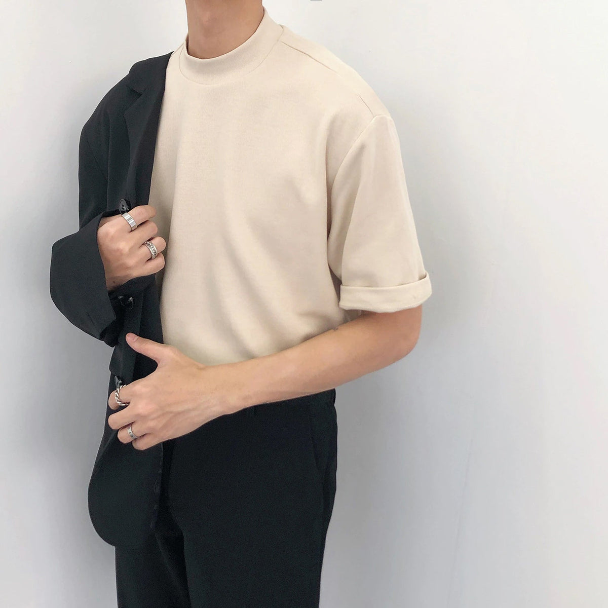 Solid Color High Neck Casual Men Shirt
