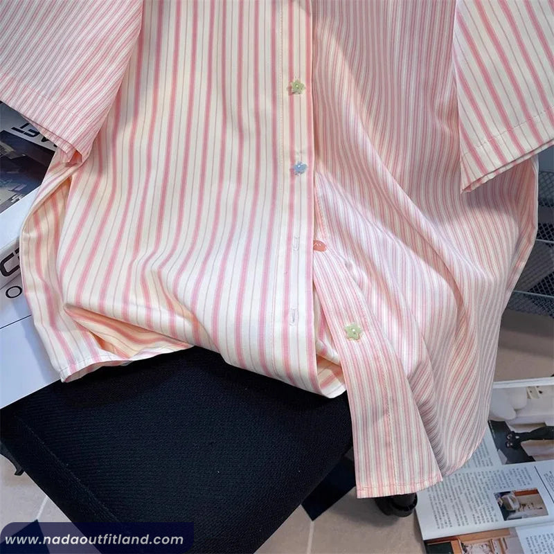 Short Sleeve Stars Button Pink Striped Blouse Shirt