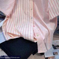 Short Sleeve Stars Button Pink Striped Blouse Shirt