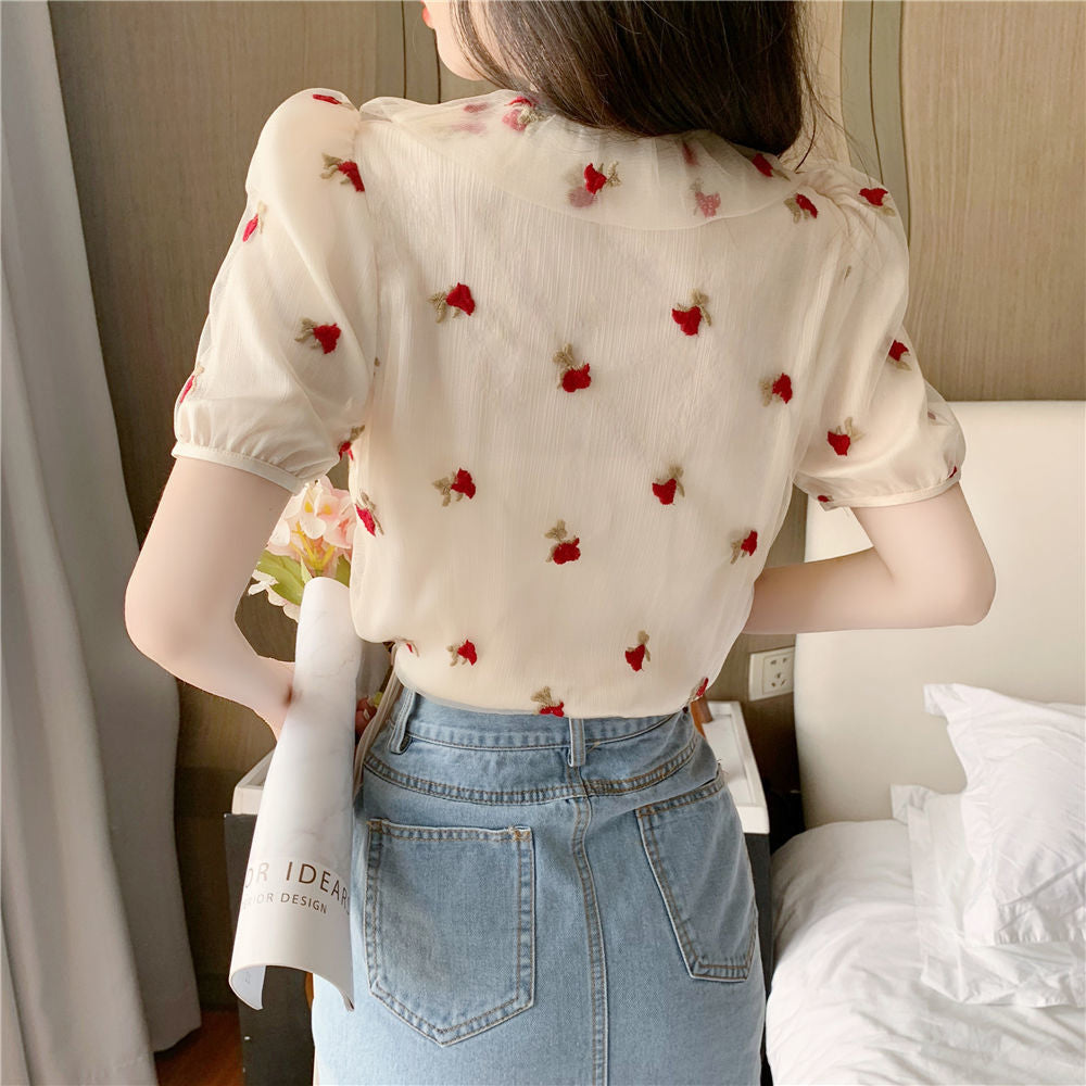V-Neck Rose Pattern Double Mesh Blouse Shirt