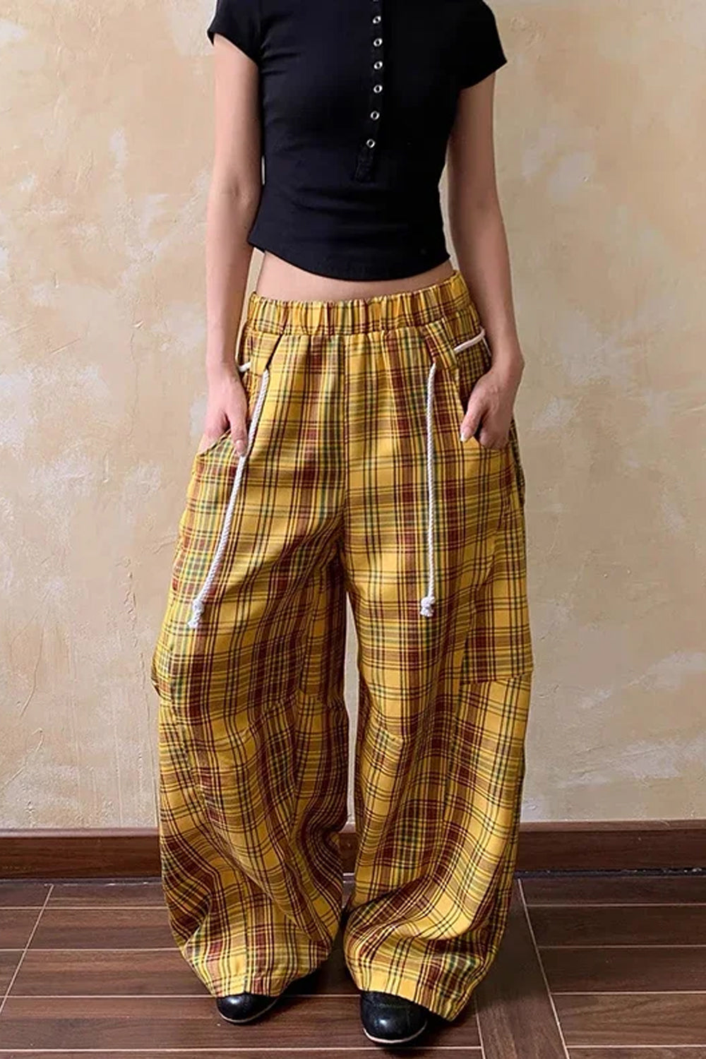 High Waist Yellow Plaid Wide Leg Pants â€?Vintage Cozy Everyday Style