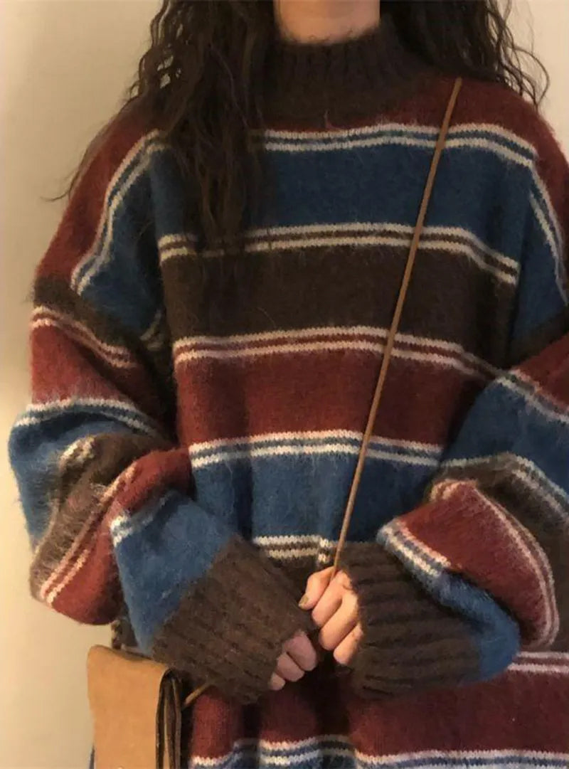 Retro O-Neck Knitted Striped Sweater