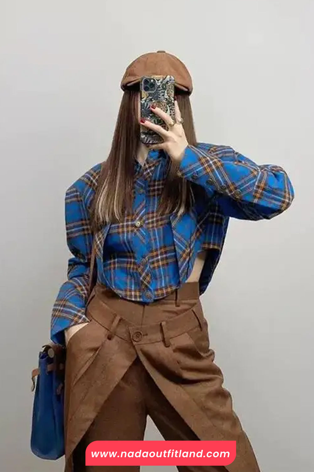 Long Sleeve Vintage Blue Plaid Cropped Blouse Shirt