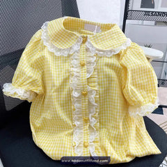 Short Sleeve Cute Sweet Plaid Lace Blouse Shirt