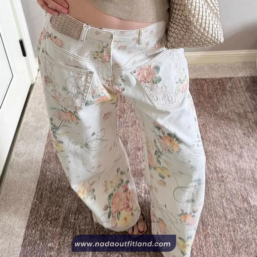 High Waist Front Pockets Floral Pattern White Jeans Pants