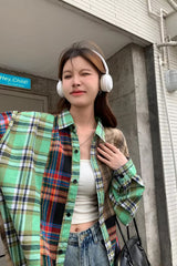Long Sleeve 3 Colors Plaid Combination Blouse Shirt