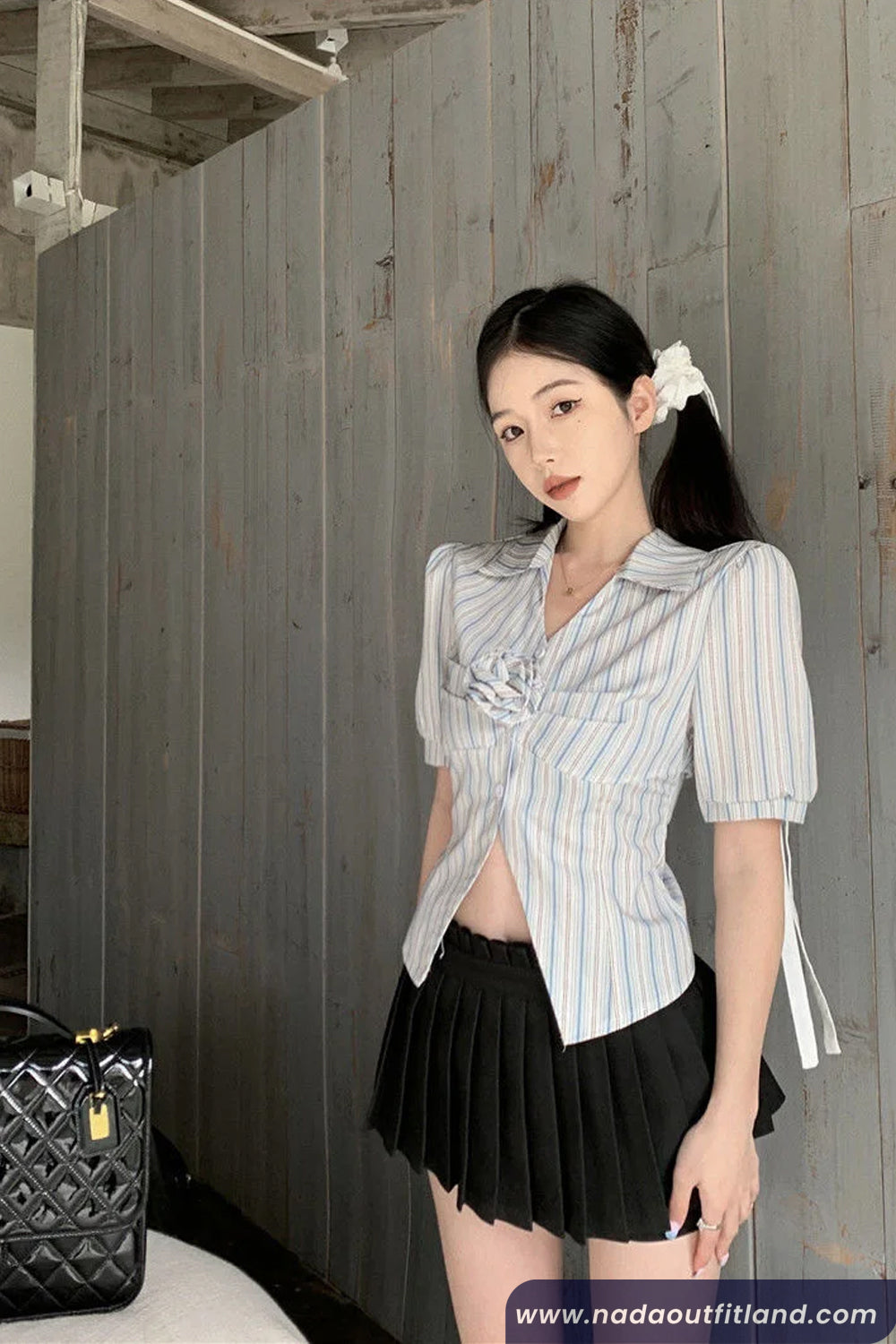 Sexy 3D Flower Striped Elegant Cropped Blouse Shirt