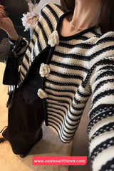 Long Sleeve 3D Flowers Striped Cardigan Sweater