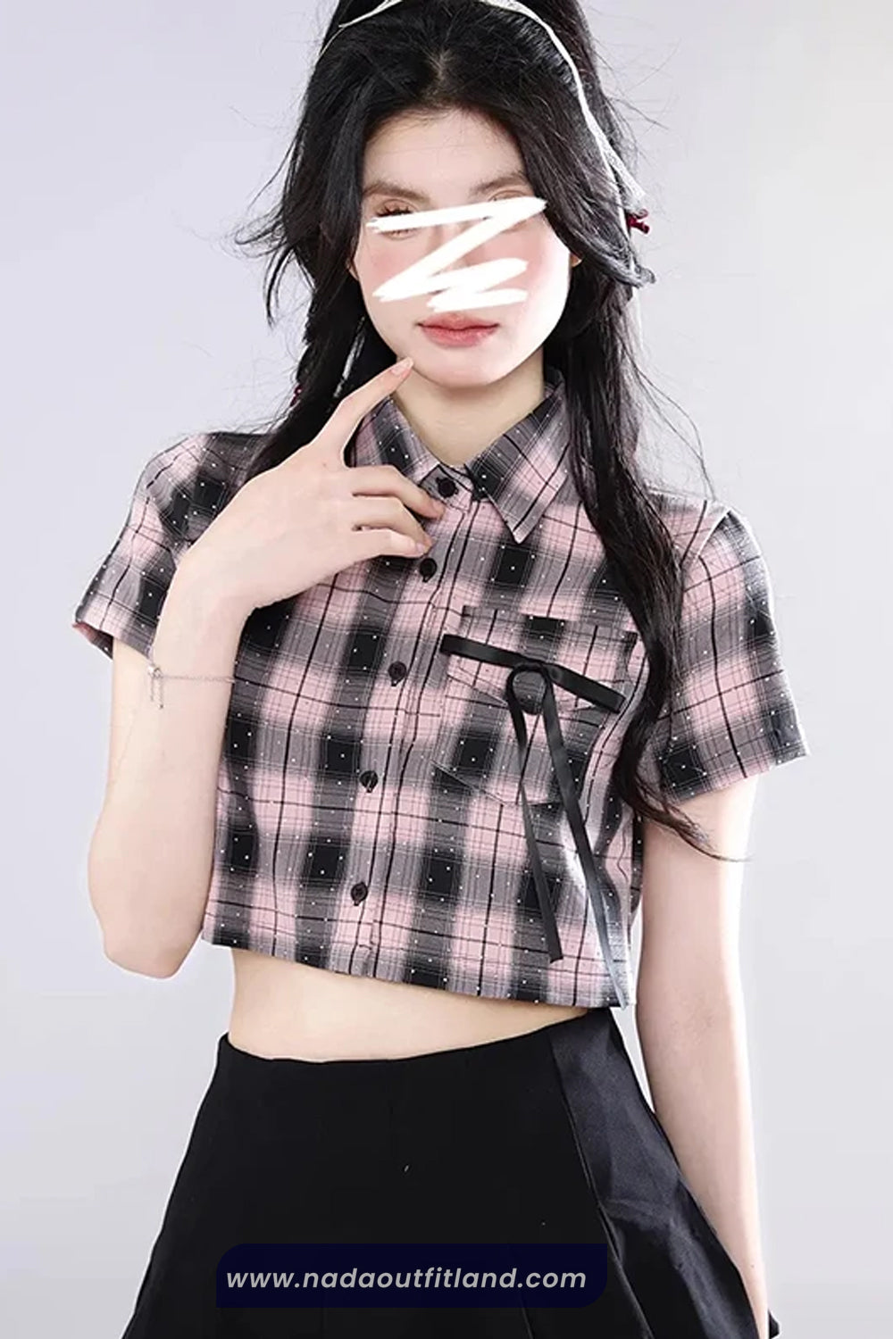 Short Sleeve Pink Plaid Cropped Blouse Shirt
