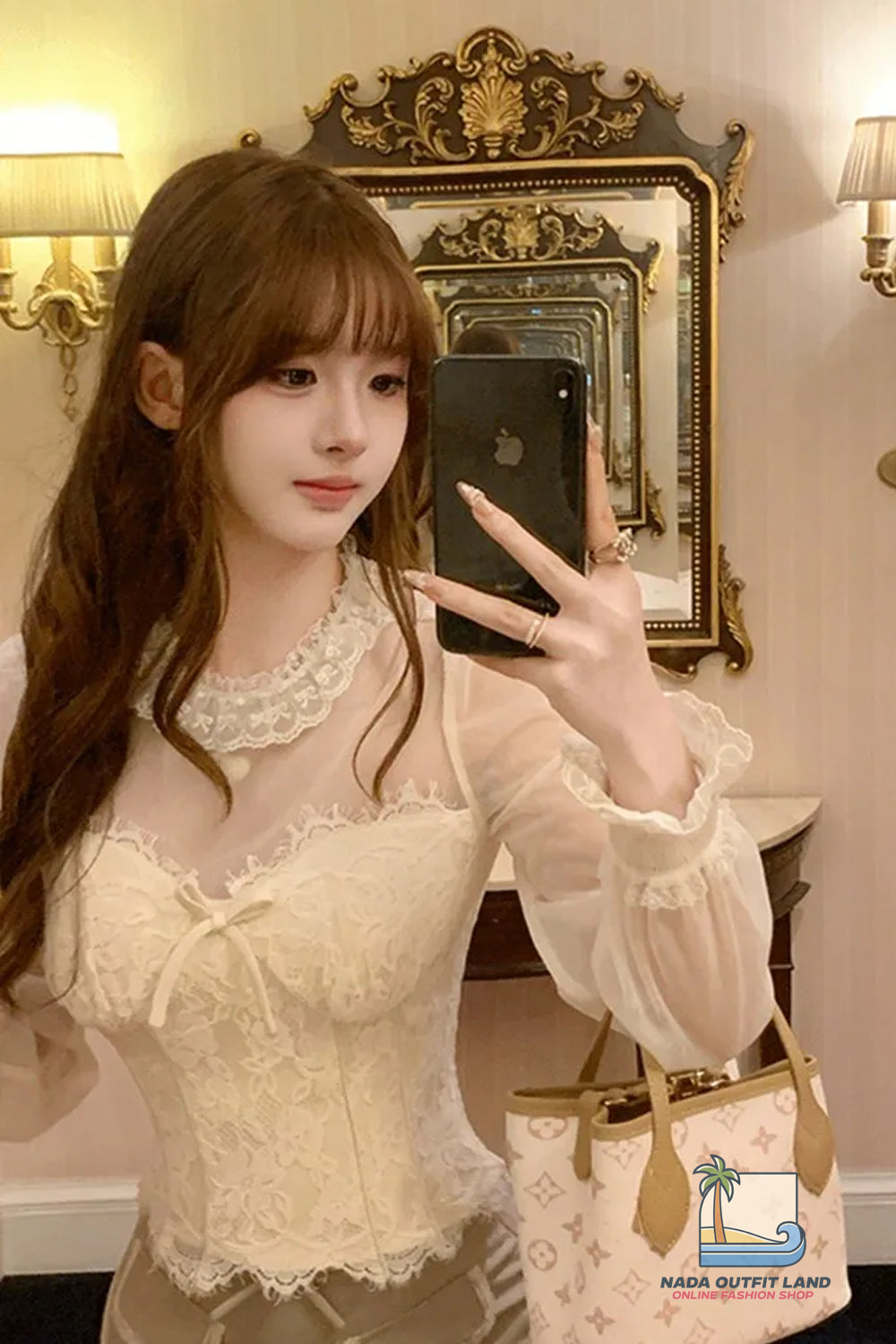 Long Sleeve Vintage Elegant Mesh Transparent Lace Cropped Blouse Shirt