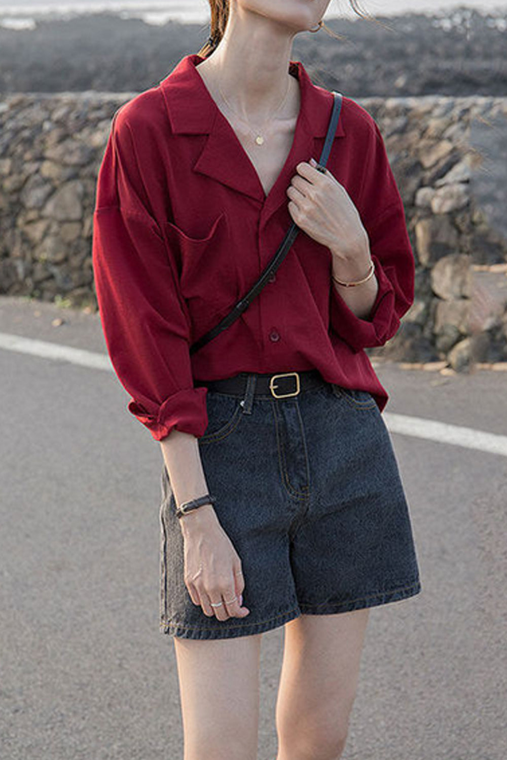 Long Sleeve Simple Notched Blouse Shirts