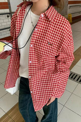 Long Sleeve Retro Red Plaid Blouse Shirt