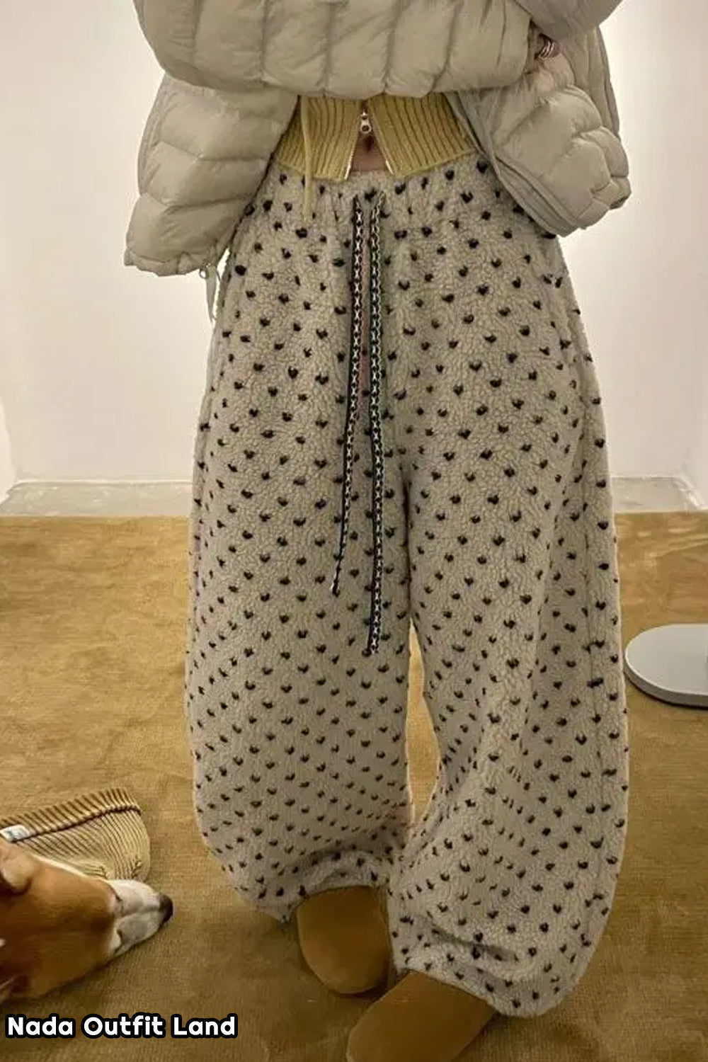 Loose Polka Dots Pattern Lamb Woolen Thick Pants