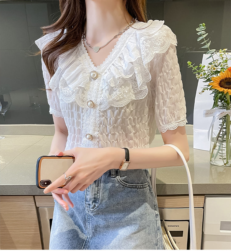 V-Neck French Vintage Ruffle Lace Blouse