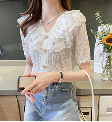 V-Neck French Vintage Ruffle Lace Blouse