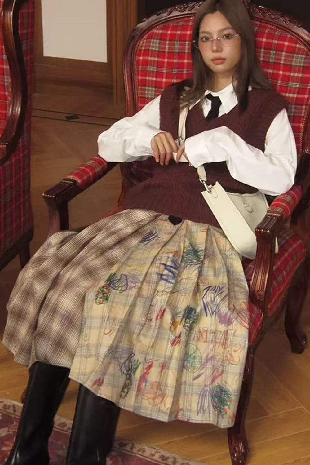 High Waist Two Style Plaid Graffiti A-Line Pleated Skirts