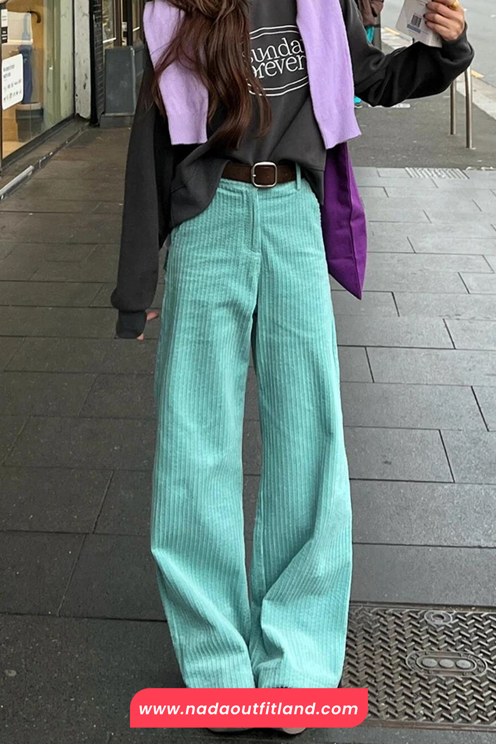 High Waist Mint Colors Corduroy Long Pants