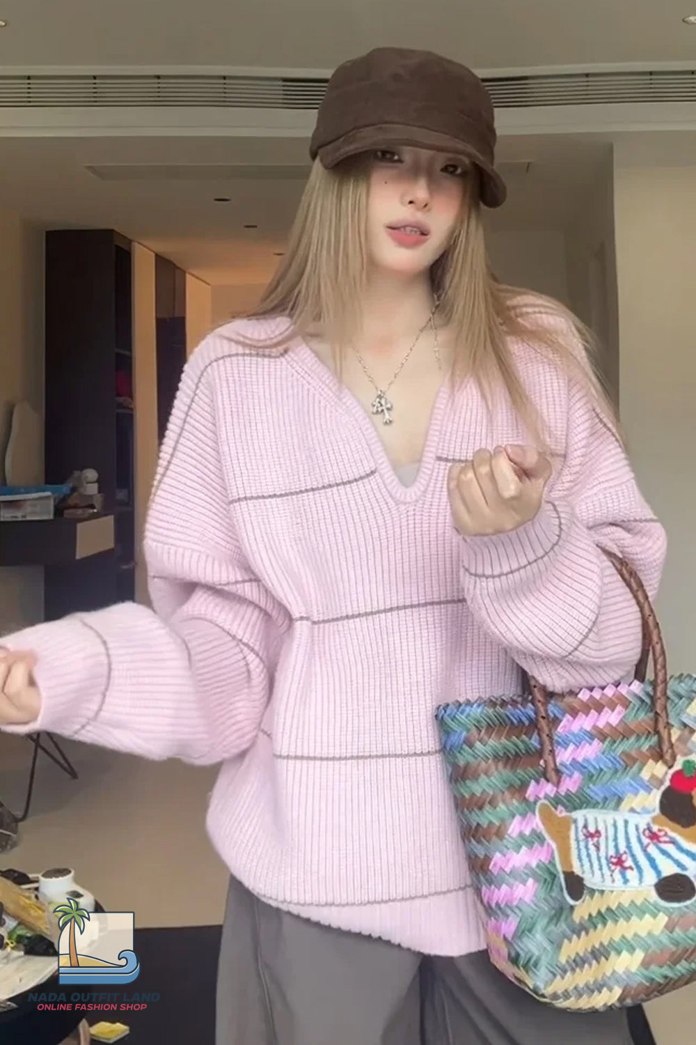 Long Sleeve Sexy V-Neck Striped Pink Knitted Sweater