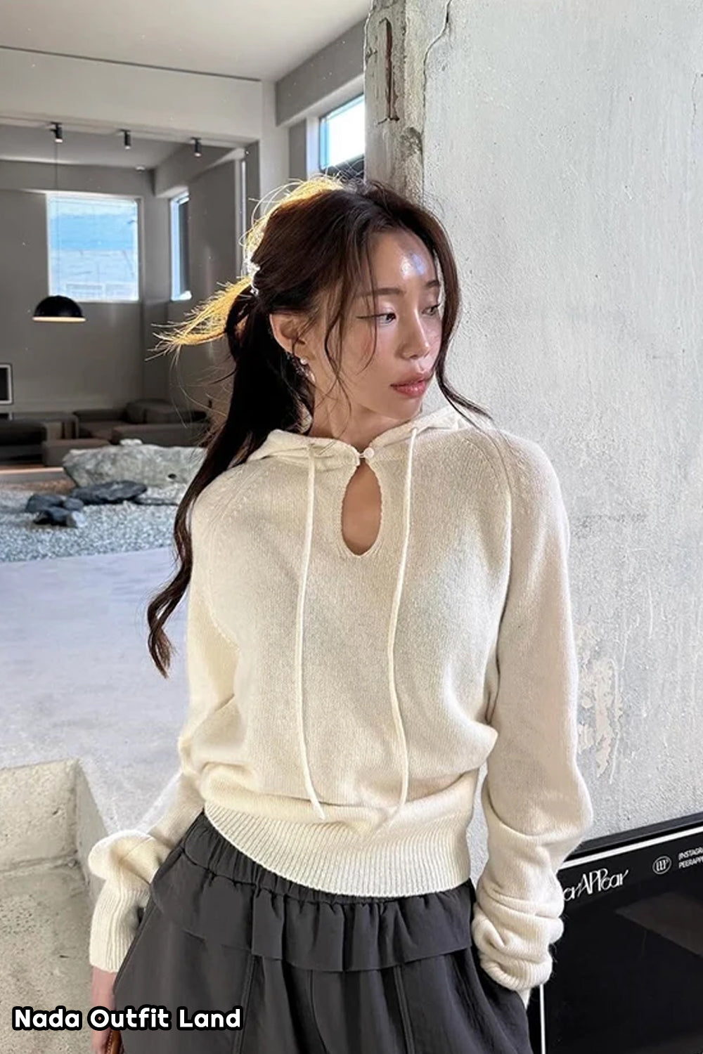 Long Sleeve Sexy Hollow Out Knitted Hooded Sweater
